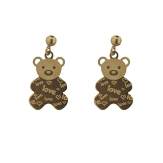 18K Solid Yellow Gold Flat Teddy Bear Love engraved Dangle Covered Screwback Earrings , Amalia Jewelry