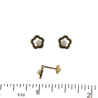 18kt Yellow Gold Open Flower Stud with Pearl Screwback Earrings (7mm-3mm Pearl) Amalia Jewelry