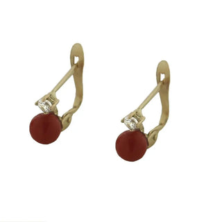 18Kt Yellow Gold Coral and Cubic Zirconia lever back Earrings (10mm X 8mm / 5mm Coral) , Amalia Jewelry