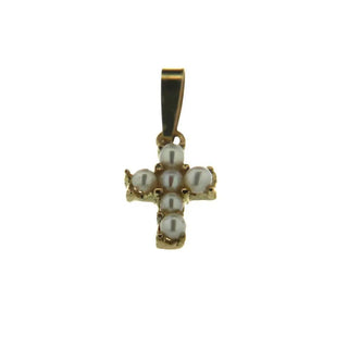 18Kt Solid Yellow Gold 2mm Swarovski Pearl Cross Charm , Amalia Jewelry