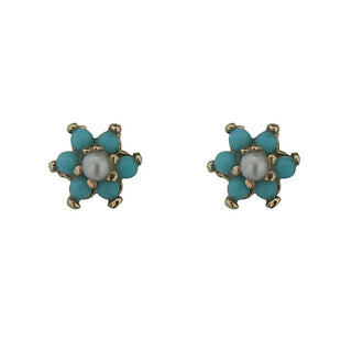 18K Solid Yellow Gold Small Turquoise and Pearl Flower covered screwback Earrings 5mm. , Amalia Jewelry