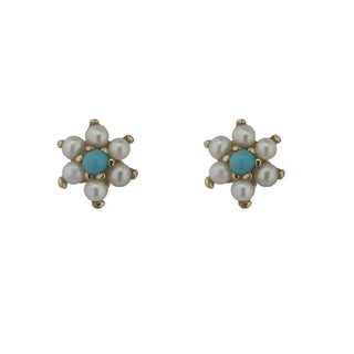 18K Solid Yellow Gold Small Pearls & Turquoise Flower Covered Screwback Earrings , Amalia Jewelry