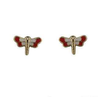18K Solid Yellow Gold Red and White Enamel Dragonfly Covered Screwback Earrings Amalia Jewelry