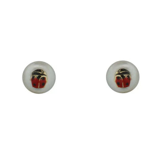 18K Solid Yellow Gold Red enamel Lady Bug over 5mm Pearl Covered Screwback Earrings , Amalia Jewelry