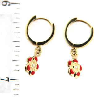 18Kt Yellow Gold Huggie with Red Hanging Flower Earrings (Flower 5mm/Huggie 10mm/ Total Length 20mm) Amalia Jewelry
