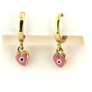 18K Solid Yellow Gold Pink Evil Eye Heart Hinge Hoop Huggie Earrings , Amalia Jewelry