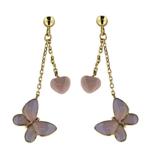 18K Yellow Gold Pink Heart and Lilac Butterfly Enamel side and back Satin finish gold Dangle Post Earrings 1.5 inch L. , Amalia Jewelry