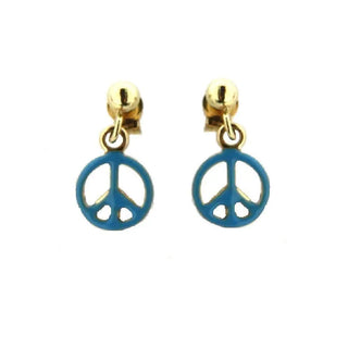 18K Solid Yellow Gold Blue Enamel Peace Sign Stud Post Earrings 0.28inch. , Amalia Jewelry