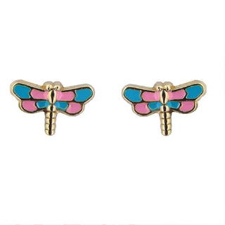 18K Solid Yellow Gold Blue and Pink Enamel Dragonfly Covered Screwback Earrings , Amalia Jewelry