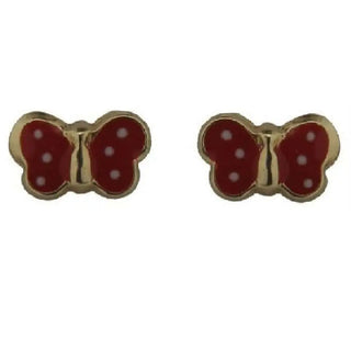 18K Solid Yellow Gold Small Red enamel Butterfly Covered Screwback Earrings , Amalia Jewelry