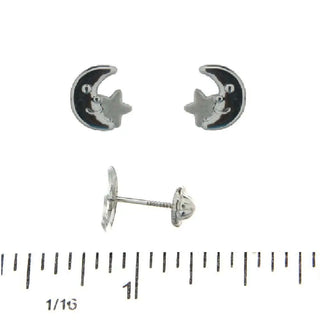 18K Solid White Gold Half Moon with Satin Finish Star Covered Screwback Earrings , Amalia Jewelry