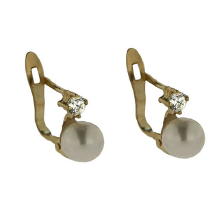 18Kt Solid Yellow Gold Swarovski Cubic Zirconia with 5mm Cultivated Pearl Leverback Earrings H 0.35 inch Amalia Jewelry