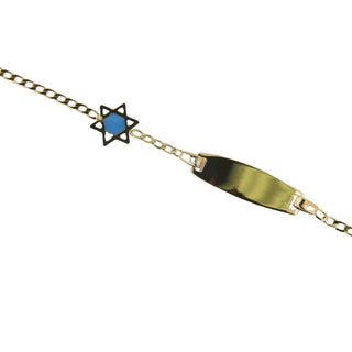 18K Solid Yellow Gold Blue and White Enamel Star of David Oval Id Bracelet , Amalia Jewelry