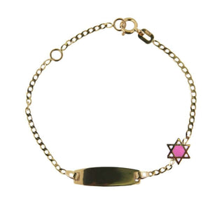18K Solid Yellow Gold Pink and White Enamel Star of David Oval Id Bracelet , Amalia Jewelry