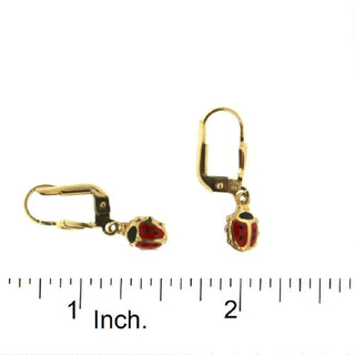 18K Solid Yellow Gold Red Enamel Lady Bug Lever Back Earring , Amalia Jewelry