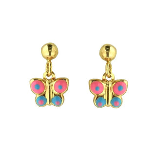 18kt Yellow Gold Pink & Blue Puff Butterfly Dangle Earrings (14mm X 9mm) , Amalia Jewelry