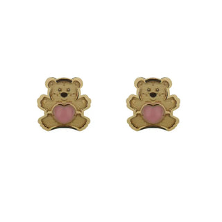 18KT Yellow Gold Teddy with Pink Heart Center Screwback Earrings (6mm) , Amalia Jewelry