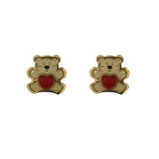 18KT Yellow Gold Teddy with RED Heart Center Screwback Earrings (6mm) , Amalia Jewelry