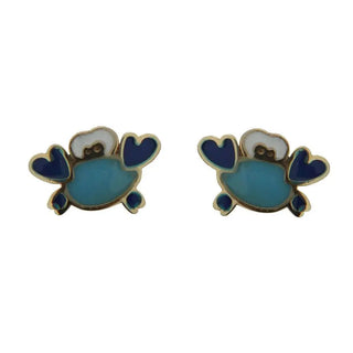18K Solid Yellow Gold Blue enamel Crab Stud Covered Screwback Earrings , Amalia Jewelry