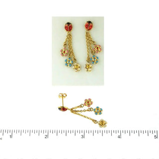 18Kt Yellow Gold Earrings with Lady Bug & 3 Hanging Flowers (38mm X 6mm) , Amalia Jewelry