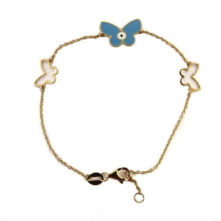 18KT YG Blue Butterfly with Eye and 2 Open butterflies Bracelet 7 inch Amalia Jewelry