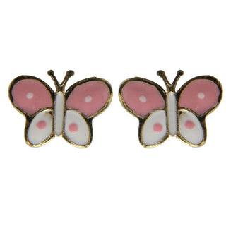 18K Solid Yellow Gold Pink and White Enamel Butterfly Covered Screwback Earrings , Amalia Jewelry