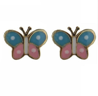 18K Solid Yellow Gold Pink and Blue Enamel Butterfly Covered Screwback Earrings Amalia Jewelry