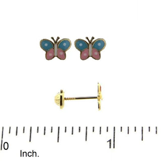 18K Solid Yellow Gold Pink and Blue Enamel Butterfly Covered Screwback Earrings Amalia Jewelry