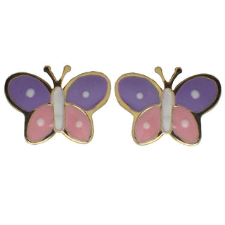 18kt Solid Yellow Gold Lilac and Pink Enamel Butterfly Covered Screwback Earrings , Amalia Jewelry