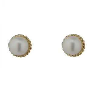 18K Solid Yellow Gold Cultivated Pearl Milgrain edge Stud covered screwback Earrings , Amalia Jewelry