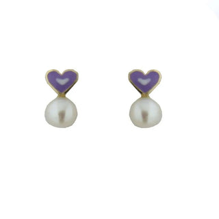 18K Solid Yellow Gold Lilac Enamel Heart and Pearl Covered Screwback Earrings , Amalia Jewelry