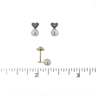 18K Solid Yellow Gold Lilac Enamel Heart and Pearl Covered Screwback Earrings , Amalia Jewelry