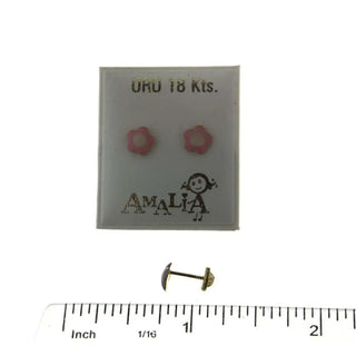 18KT Yellow Gold Pink & White enamel Flower screwback earrings (5mm) , Amalia Jewelry