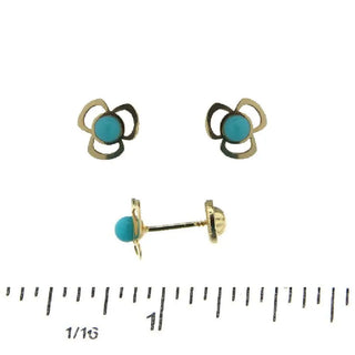 18K Yellow Gold 3 Leaf Clover with Turquoise Center Screwback Earrings (7mm with 3mm Turq) , Amalia Jewelry