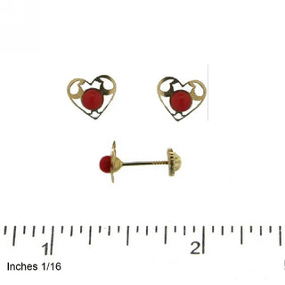18K Solid Yellow Gold open Heart and Coral bead covered Screwback earring , Amalia Jewelry