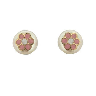 18K Solid Gold Enamel Flower Pearl Stud Covered Screwback Earrings , Amalia Jewelry