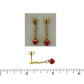 18K Yellow Gold Pink Enamel Polka Dot Heart Dangle Earring Amalia Jewelry