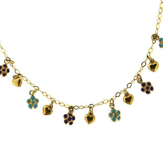 18K Yellow Gold Multi Color Enamel Teal and Purple Heart and Flower Necklace 13.5 inches , Amalia Jewelry