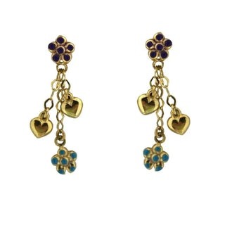 18K Yellow Gold Multi Color Enamel Teal and Purple Heart and Flower Earrings Amalia Jewelry