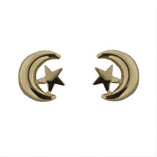 18K Solid Yellow Gold Polished Moon and Star Covered Screwback Earrings Amalia Jewelry