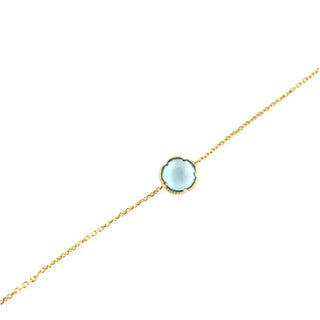 18Kt Yellow Gold Cabochon Blue Topaz Flower Bracelet 7 inches with extra ring at 6 inches , Amalia Jewelry