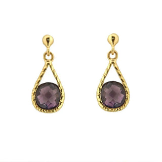 18Kt Yellow Gold Round Faceted Amethyst Drop Dangle Post Earrings (16mm X 6mm) 0.60 inch , Amalia Jewelry