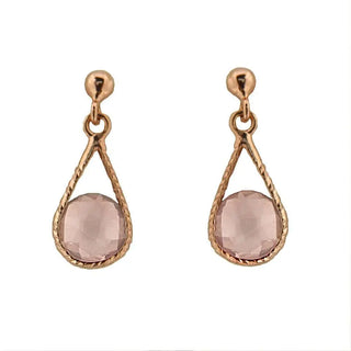 18Kt Solid Pink Gold Round Faceted Pink Quartz Drop Dangle Post Earrings L 0.60 inch Amalia Jewelry