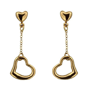 18k Solid Yellow Gold Open Heart Dangle Post Earrings , Amalia Jewelry