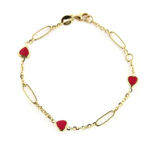 18KT Yellow Gold Open Link Pink Enamel Heart Bracelet 6 inches , Amalia Jewelry