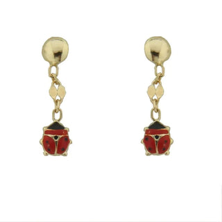 18K Solid Yellow Gold Red Enamel Lady Bug Dangle Post Earrings. , Amalia Jewelry