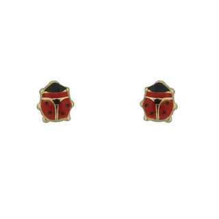 18K Solid Yellow Gold Small Red Enamel Lady Bug Post Earrings , Amalia Jewelry