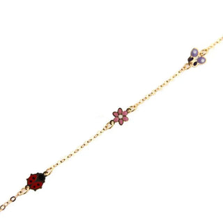 18K Solid Yellow Gold Enamel Flower Lady Bug and Butterfly Bracelet , Amalia Jewelry