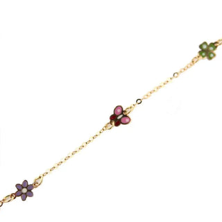 18KT Yellow Gold Pink Enamel Butterfly with Green Clover and Lilac Enamel Flowers Bracelet 6 inches , Amalia Jewelry