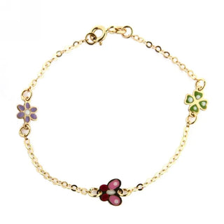 18KT Yellow Gold Pink Enamel Butterfly with Green Clover and Lilac Enamel Flowers Bracelet 6 inches Amalia Jewelry